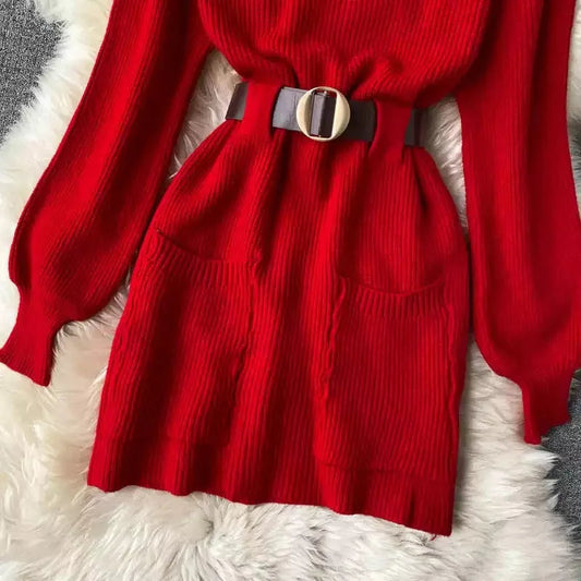 Guilantu Knitting Spring Autumn Turtleneck Puff Sleeve dress - Red Periwinkley Shop