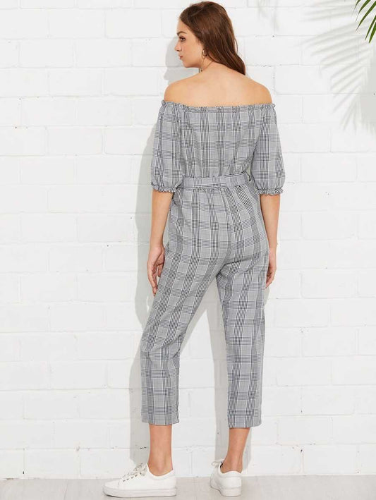 Off Shoulder Tie Waist Plaid Jumpsuit Periwinkley Shop