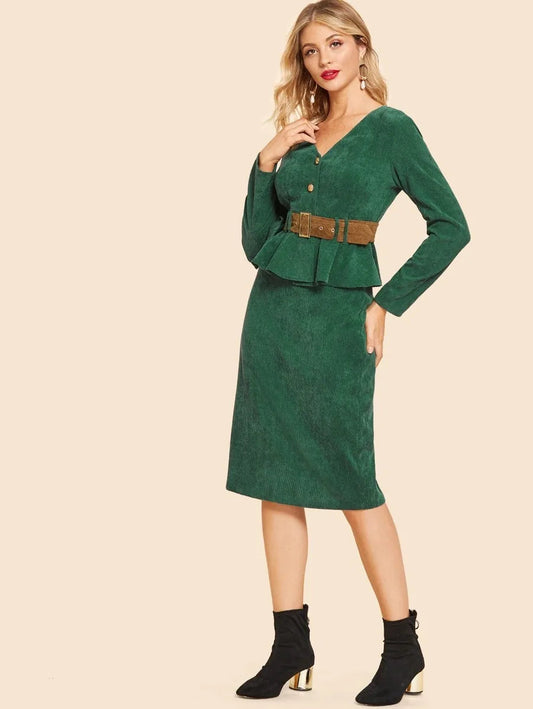 Button Up Belted Top & Skirt Set Periwinkley Shop