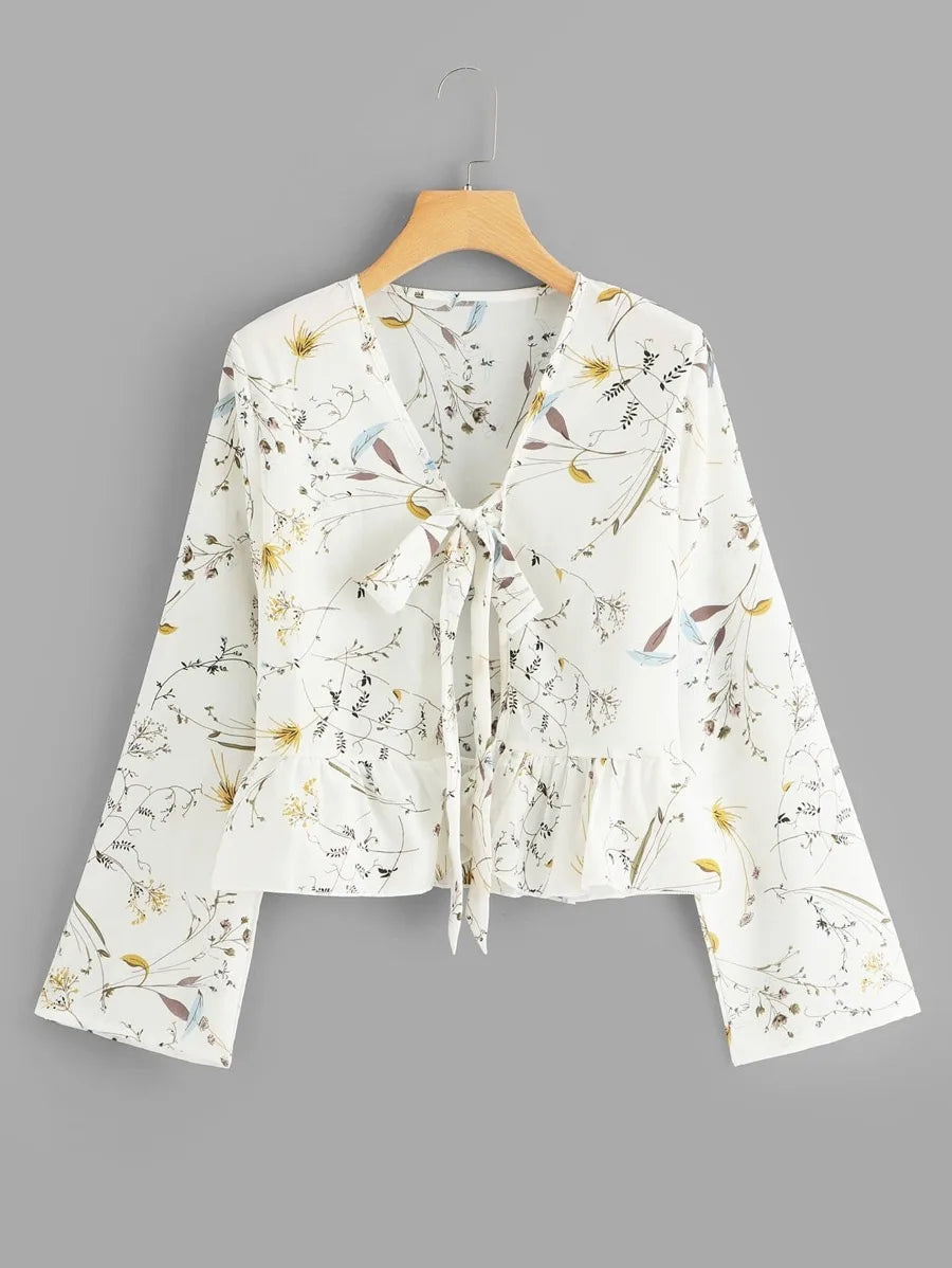 Tie Neck Ruffle Hem Floral Blouse Periwinkley Shop