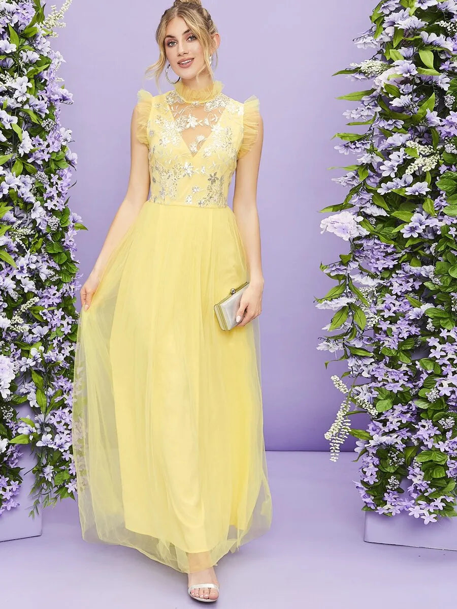 Mock-Neck Ruffle Trim Sequin Embroidery Mesh Dress Periwinkley Shop