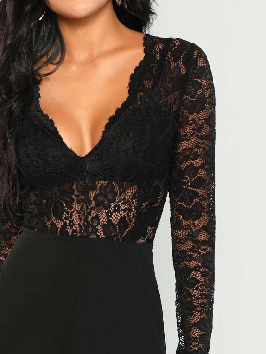 Plunging lace bodice jumpsuit Periwinkley Shop