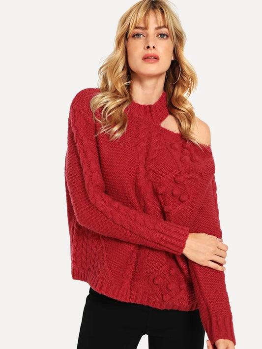 Cut Out Shoulder Textured Sweater Periwinkley Shop