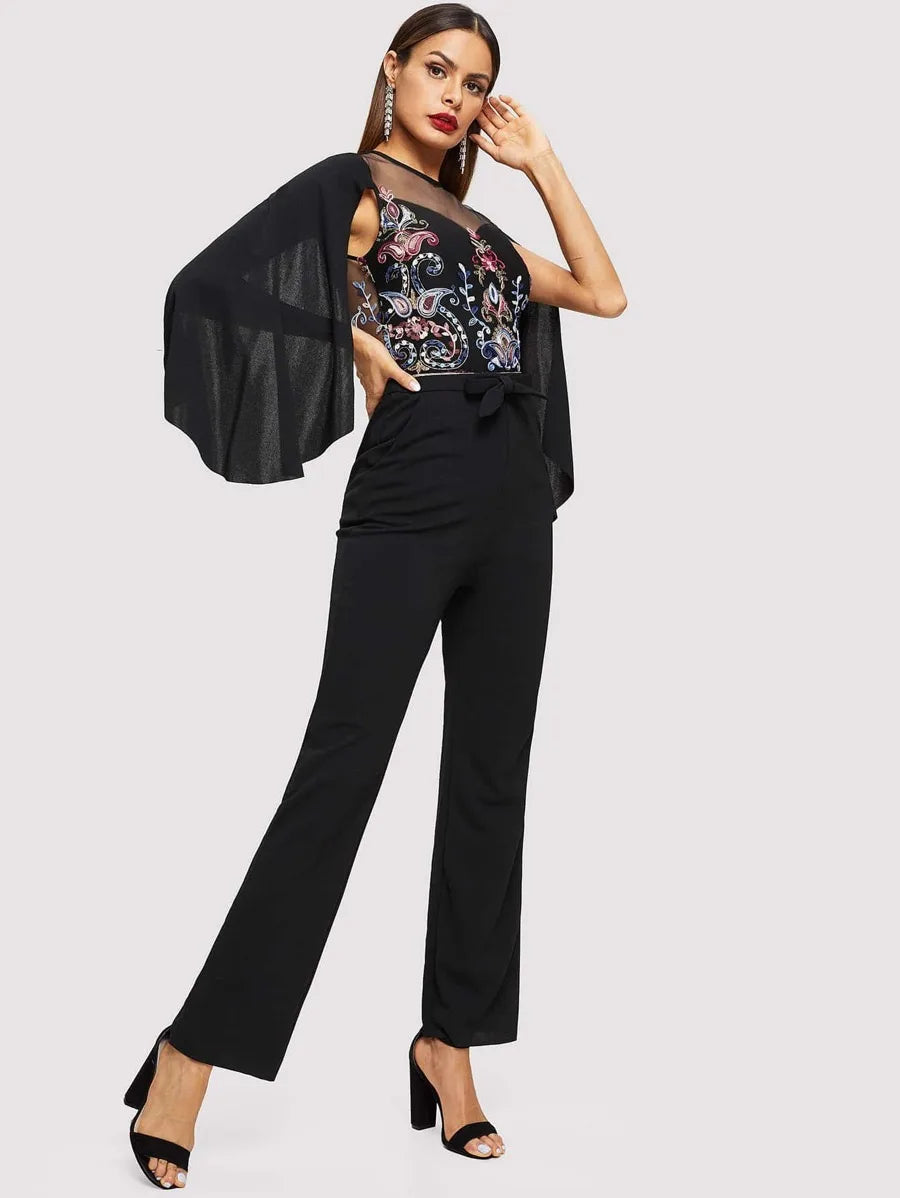 Cape Sleeve Mesh Insert Embroidered Jumpsuit Periwinkley Shop