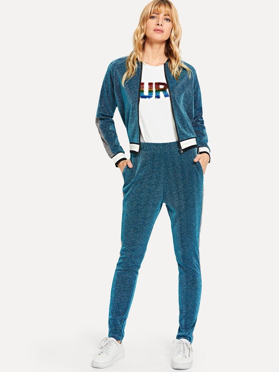 Contrast Trim Sparkle Jacket With Pants Periwinkley Shop
