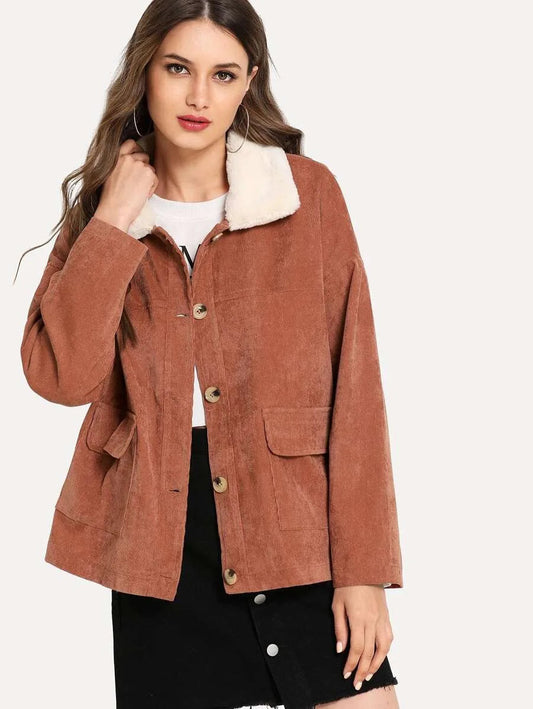 Button Front Pocket Detail Corduroy Coat Periwinkley Shop