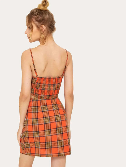 Button Front Crop Plaid Cami Top & Skirt Set Periwinkley Shop
