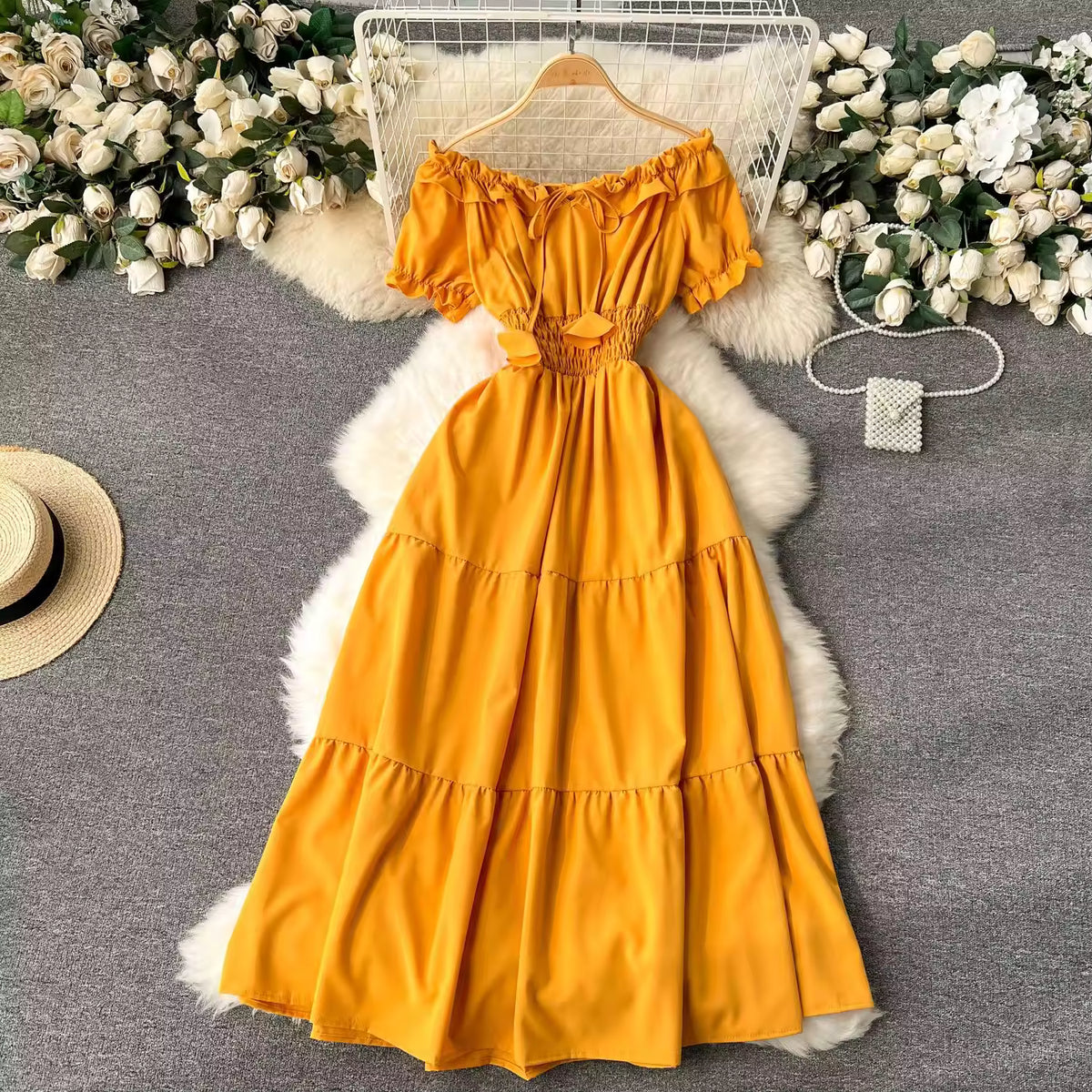 Yellow Off-Shoulder Smocked Maxi Dress with Puff Sleeves