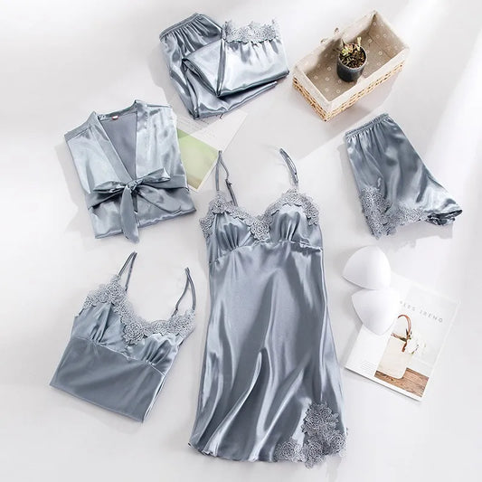 Victoria Summer Silk Pajamas 5 Piece loungewear - Grey
