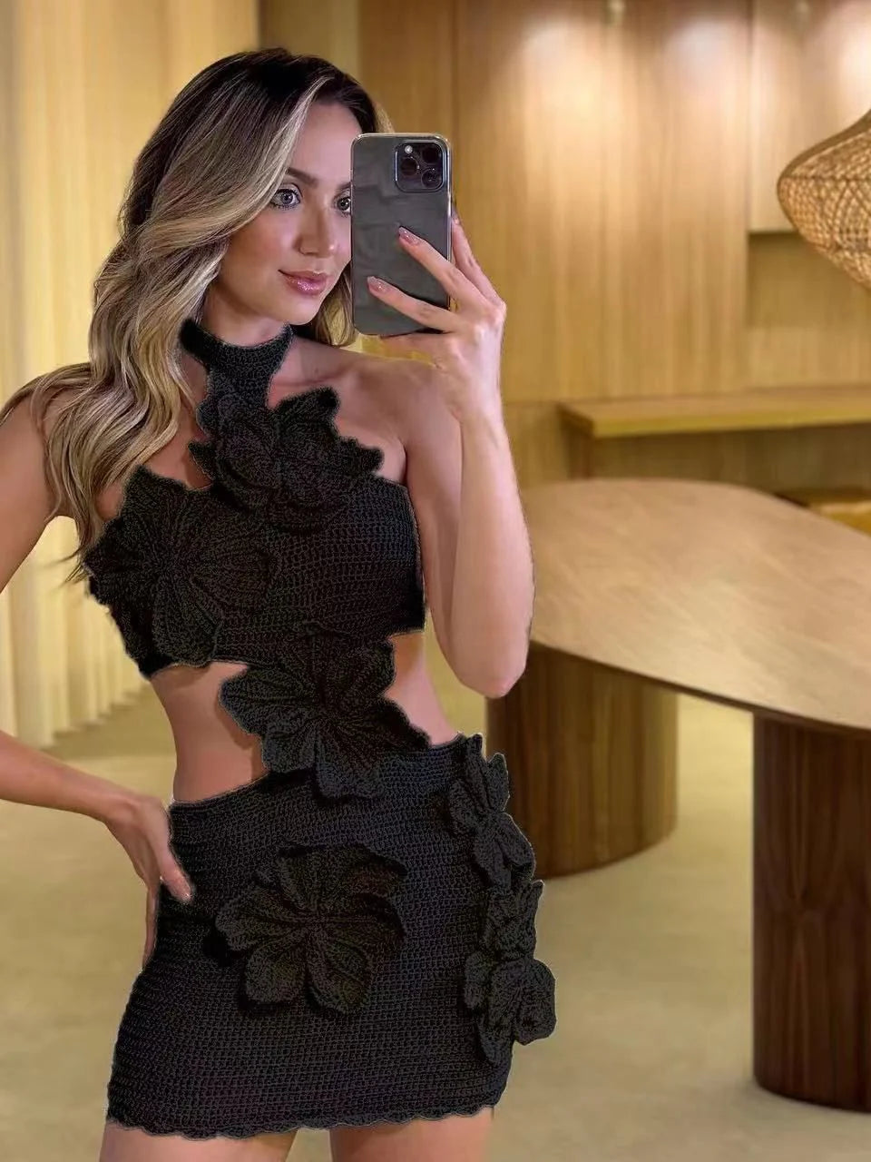 Mia Halterneck Crochet Applique Cutout Short Dress -Black Periwinkley Shop