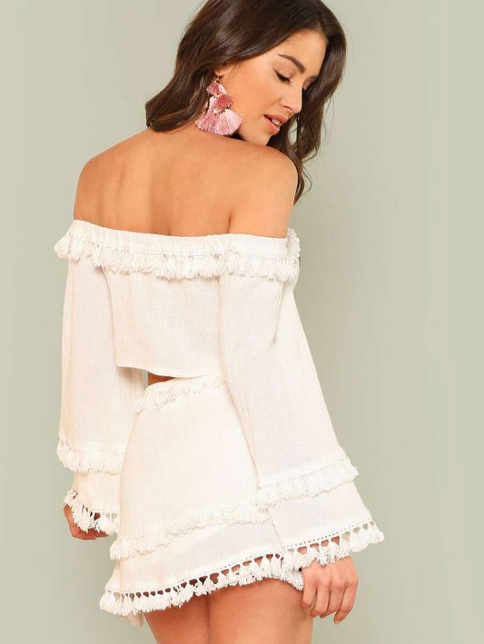 Bell Sleeve Layered Tassel crop Top & Skirt Periwinkley Shop