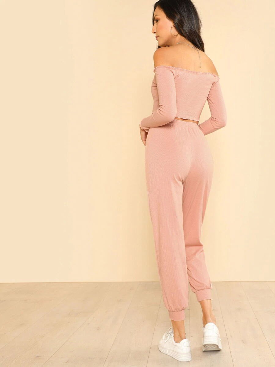 Crop Bardot Top & Pants Set Periwinkley Shop