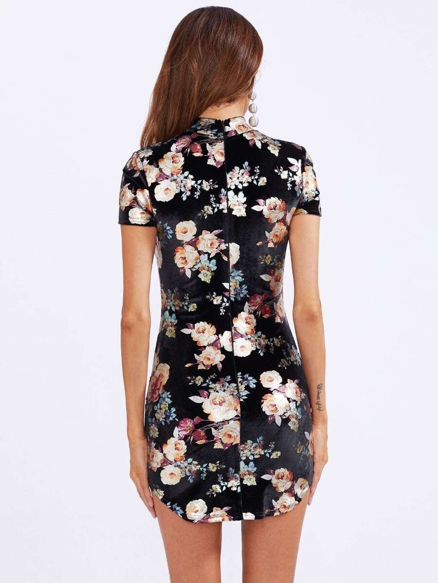 Curved Hem Floral Velvet Bodycon Dress Periwinkley Shop
