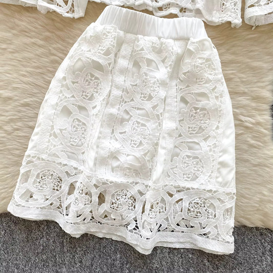 Elegant hollow out short dress 2 piece sets long sleeve loose oversized shirts + mini skirts suits Periwinkley Shop