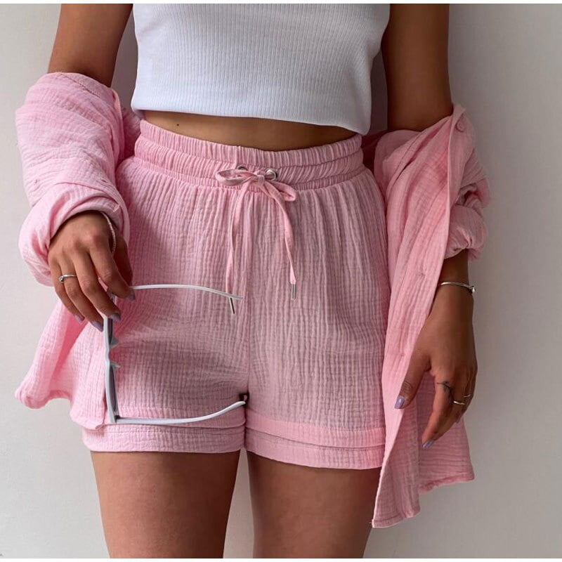 2 Piece Casual Turn-Down Collar Top with Shorts Gauze Cardigan-Pink Periwinkley Shop