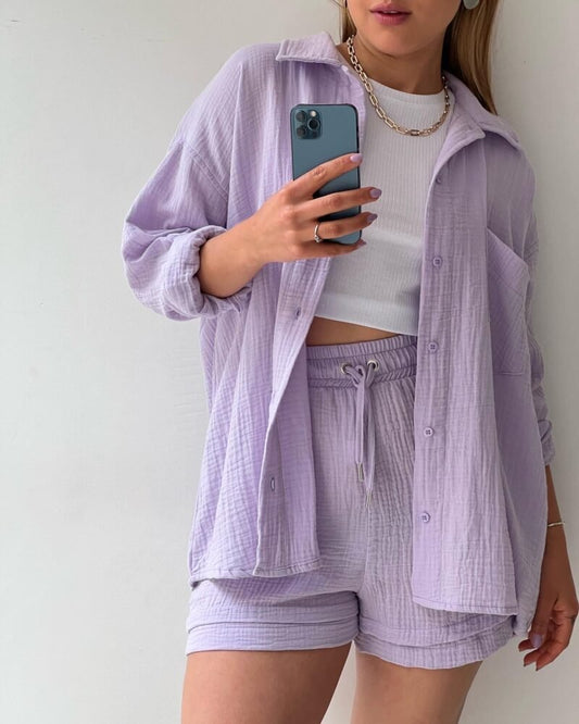 2 Piece Casual Turn-Down Collar Top with Shorts Gauze Cardigan- Purple Periwinkley Shop