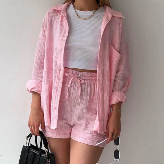 2 Piece Casual Turn-Down Collar Top with Shorts Gauze Cardigan-Pink Periwinkley Shop