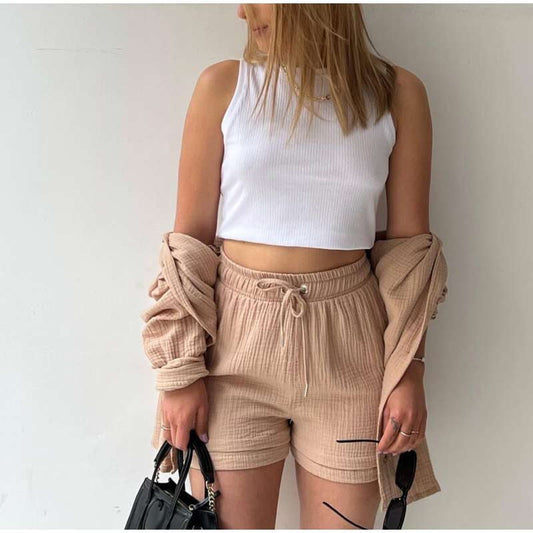 2 Piece Casual Turn-Down Collar Top with Shorts Gauze Cardigan- beige Periwinkley Shop