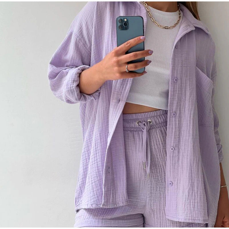 2 Piece Casual Turn-Down Collar Top with Shorts Gauze Cardigan- Purple Periwinkley Shop