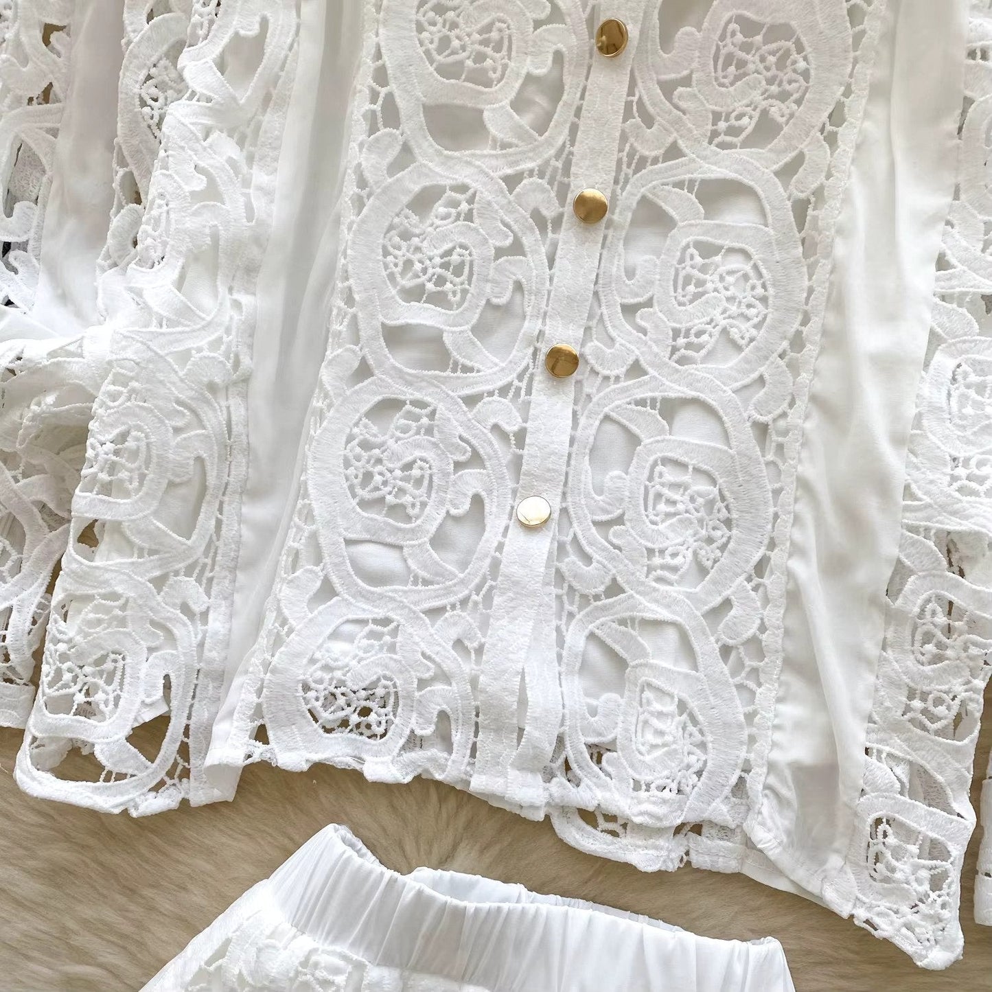 Elegant hollow out short dress 2 piece sets long sleeve loose oversized shirts + mini skirts suits Periwinkley Shop