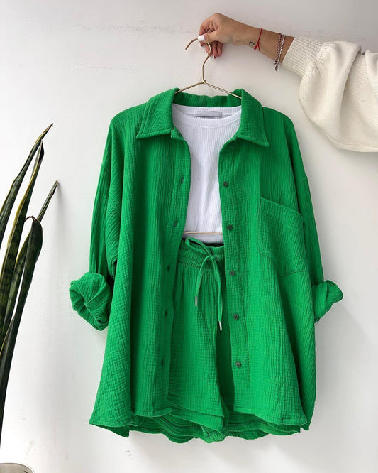 2 Piece Casual Turn-Down Collar Top with Shorts Gauze Cardigan- Green Periwinkley Shop