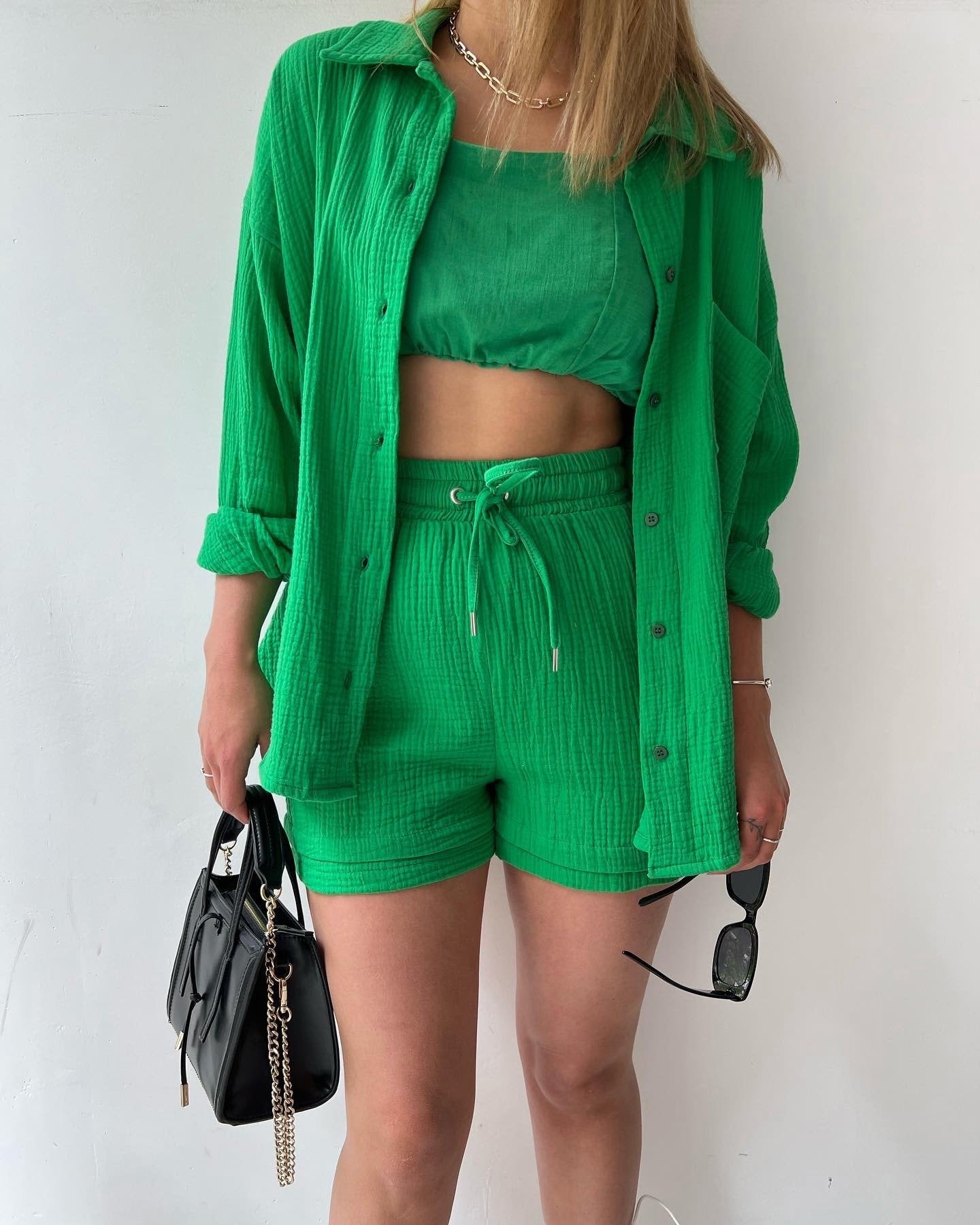 2 Piece Casual Turn-Down Collar Top with Shorts Gauze Cardigan- Green Periwinkley Shop