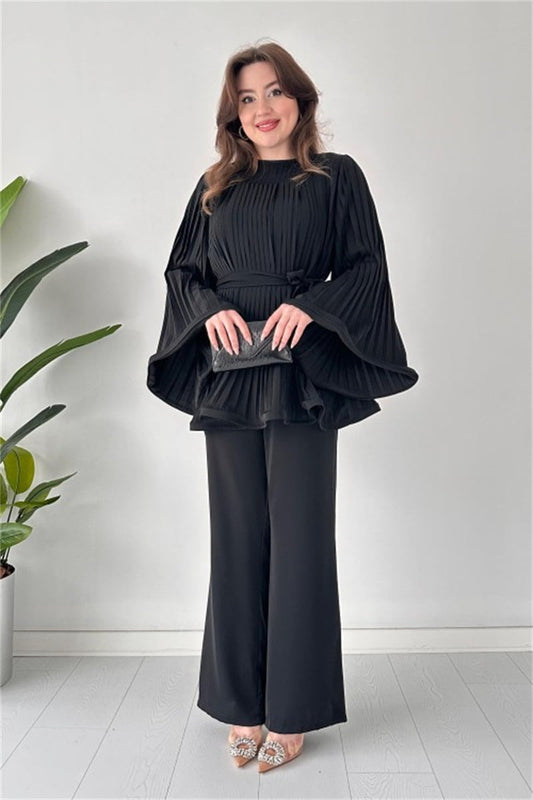 Women's Fashion Casual Belt Pleated Loose Top Wide Leg Pants Two Piece Set- Black Periwinkley Shop