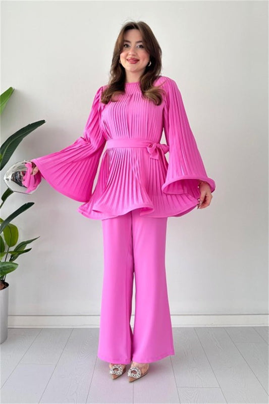 Women's Fashion Casual Belt Pleated Loose Top Wide Leg Pants Two Piece Set- Pink Periwinkley Shop