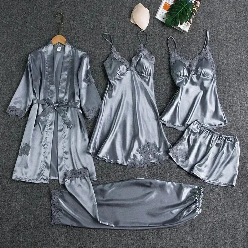 Victoria Summer Silk Pajamas 5 Piece loungewear - Grey Periwinkley Shop