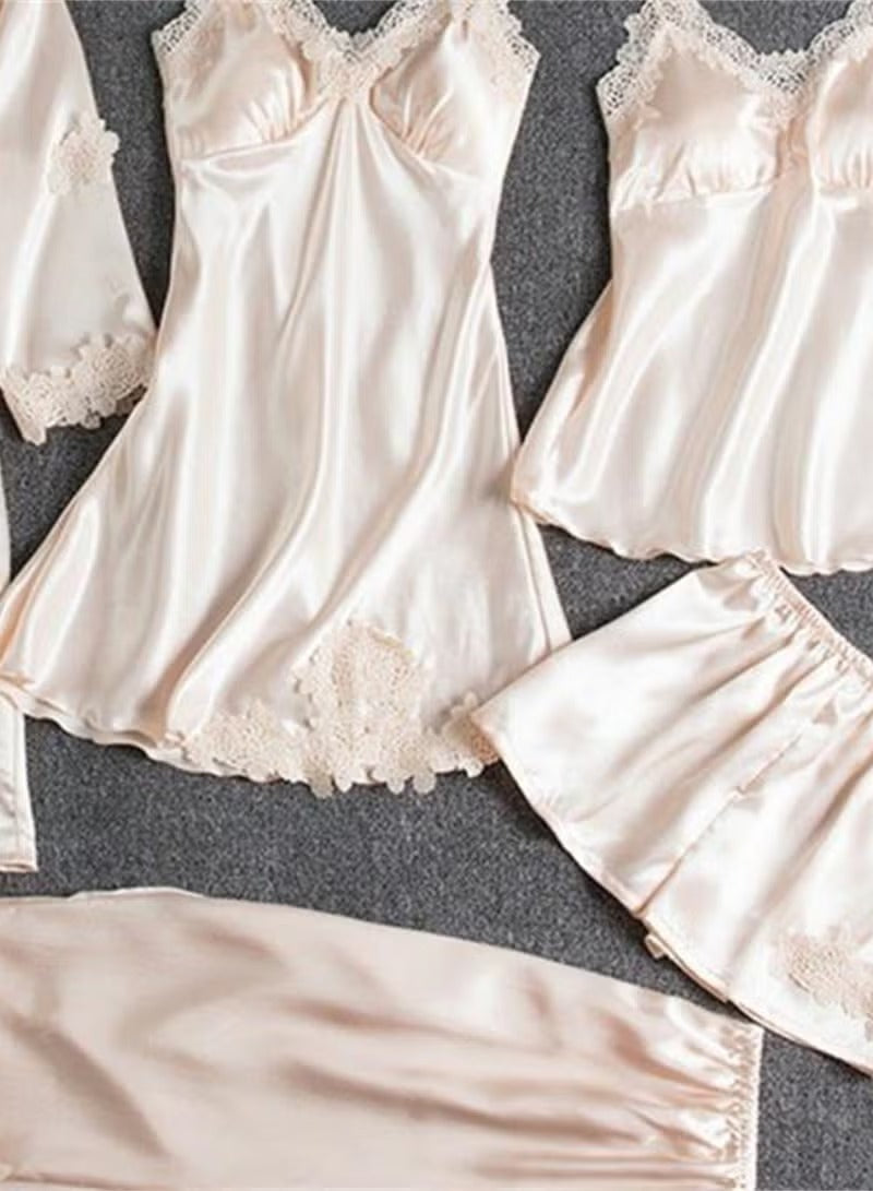 Victoria Summer Silk Pajamas 5 Piece loungewear - Beige