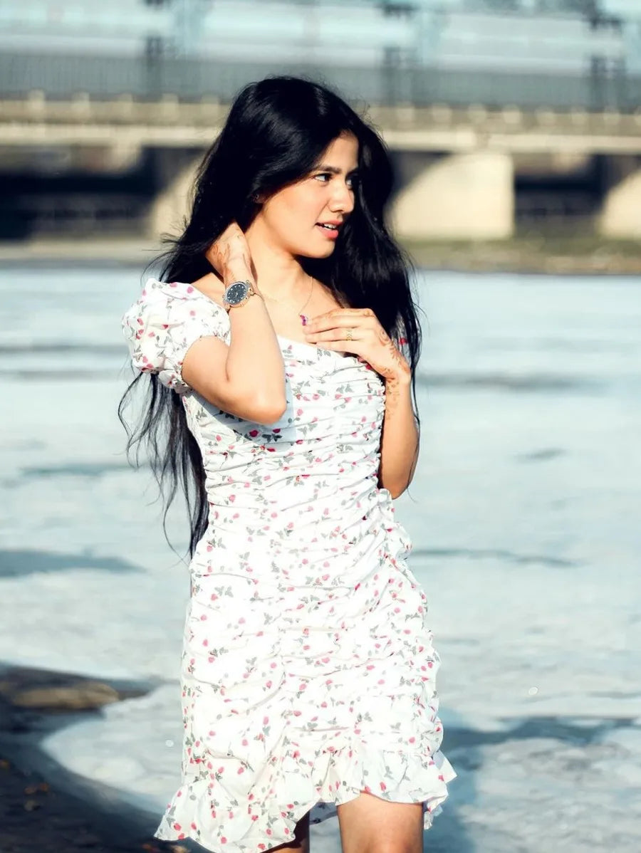 Ditsy Print Puff Sleeve Ruched Mini Mermaid Dress Periwinkley Shop