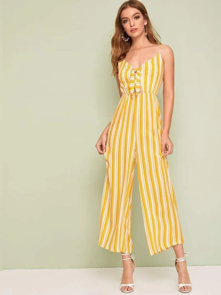 striped tie front shirred wide leg jumpsuit Periwinkley Shop