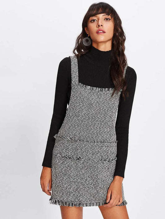 Fringe Detail Tweed Overall Dress Periwinkley Shop