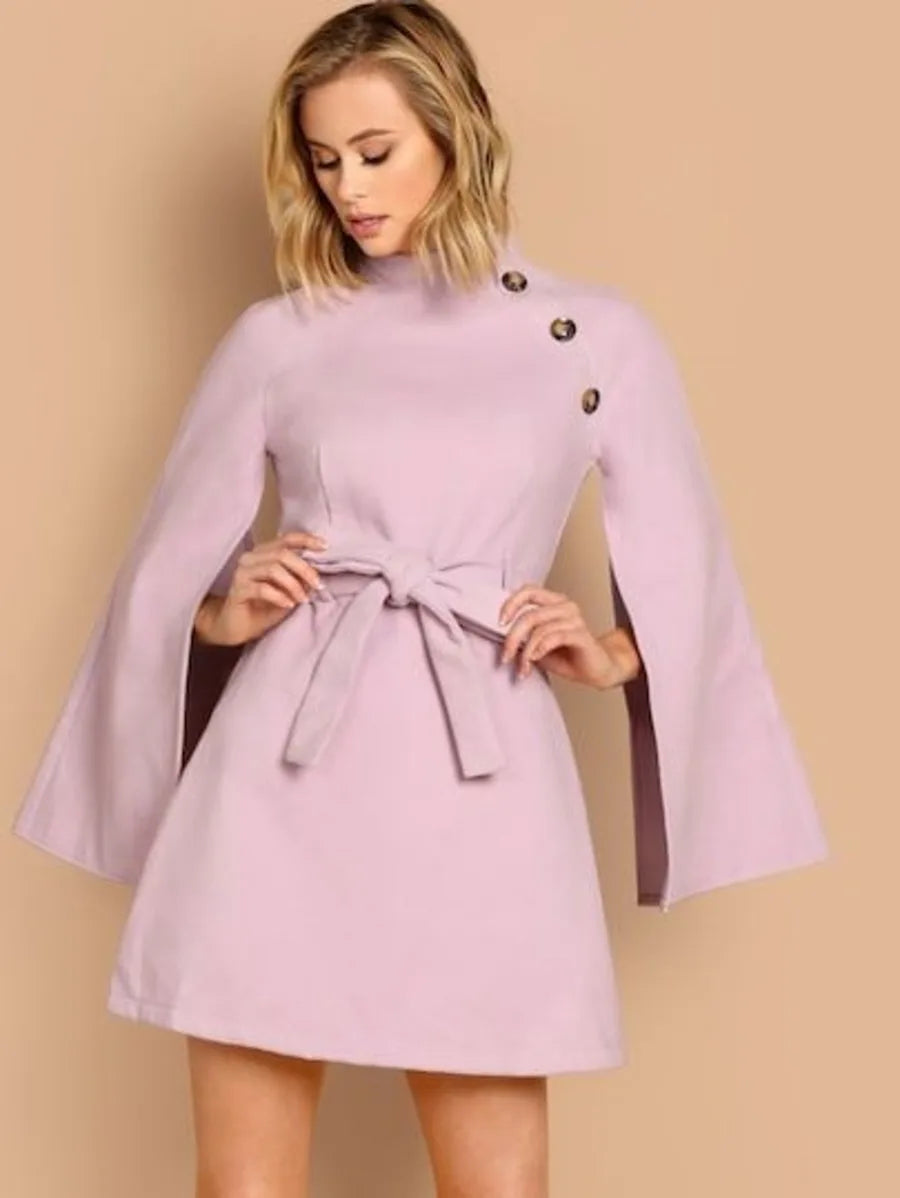 Button Detail Split Sleeve Belted Dress Periwinkley Shop