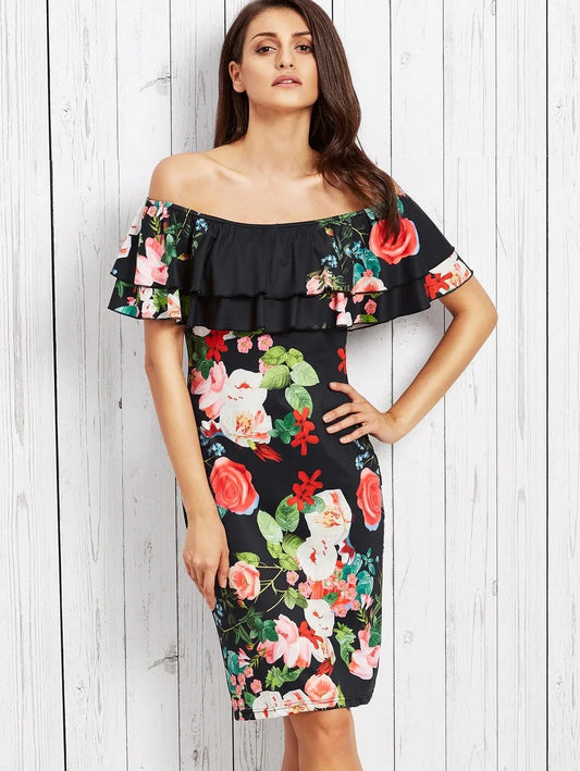 Rose Print Flounce Layered Neckline Fitted Dress Periwinkley Shop