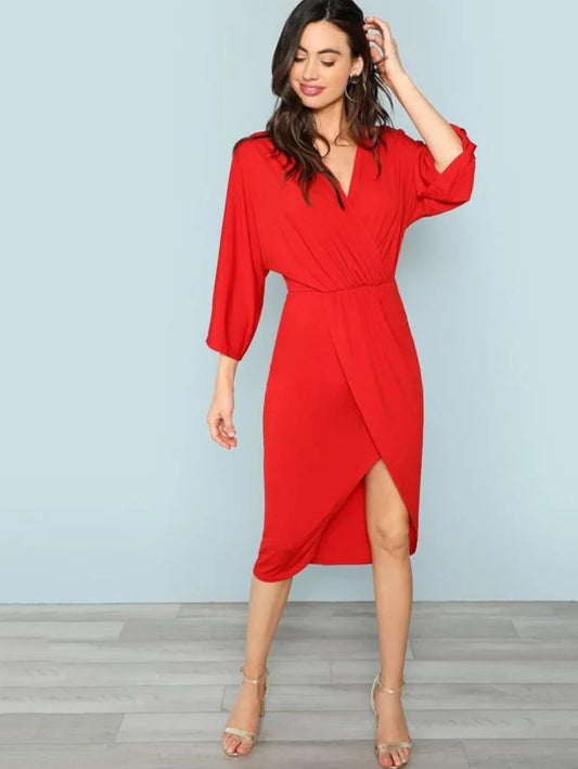 V Neck Asymmetrical Hem Wrap Dress Periwinkley Shop