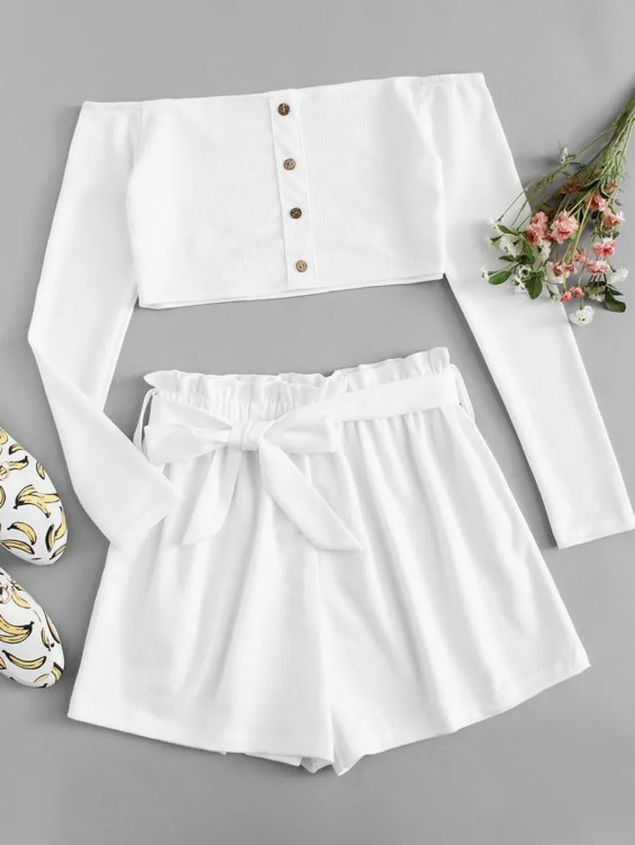Off Shoulder Single Breasted Top With Shorts Periwinkley Shop