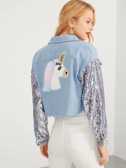 Contrast Sequin Single Breasted Pocket Collar Neck Jacket Periwinkley Shop