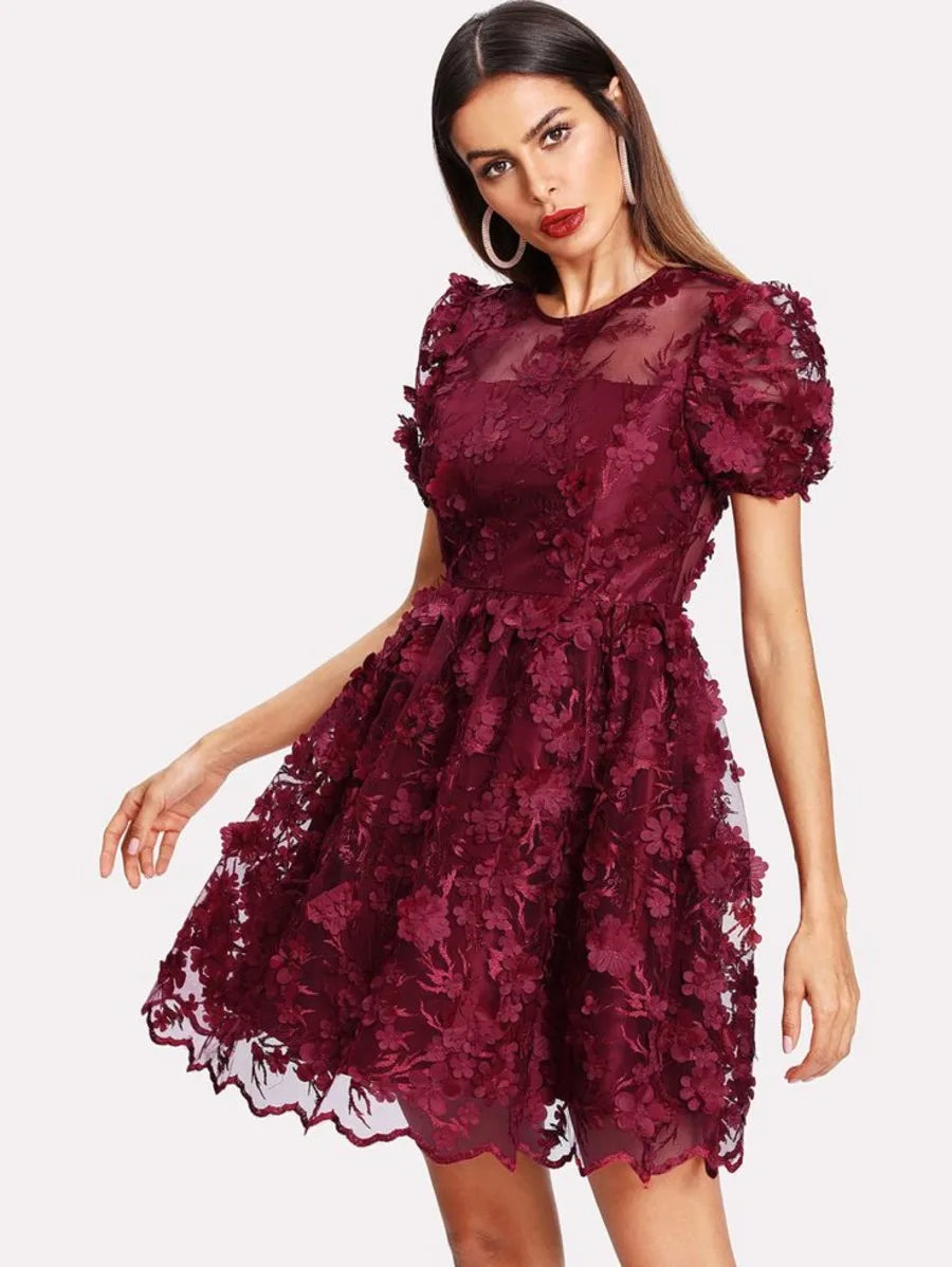 Floral Applique Puff Sleeve Mesh Overlay Dress Periwinkley Shop