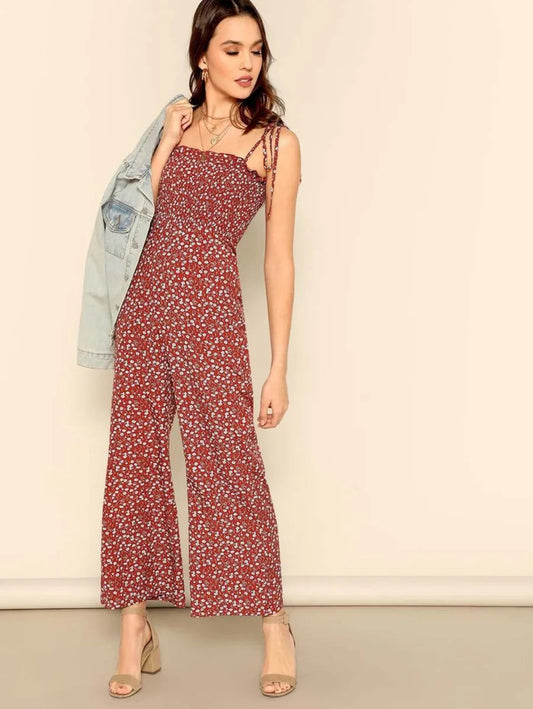 Ditsy Floral Knot Strap Ruffle Trim Smocked Jumpsuit Periwinkley Shop