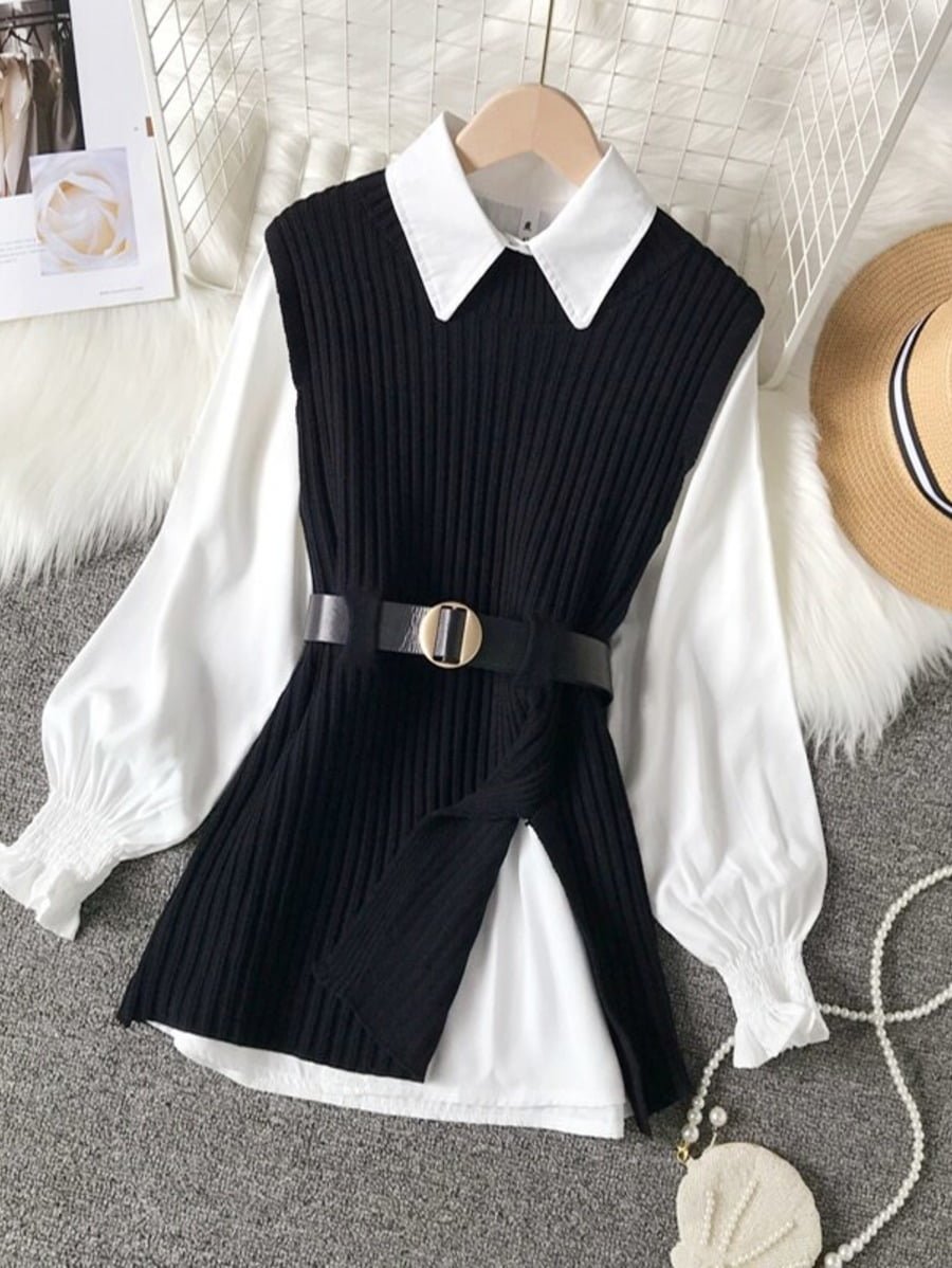 lantern sleeve knit shirt vest two sets Periwinkley Shop