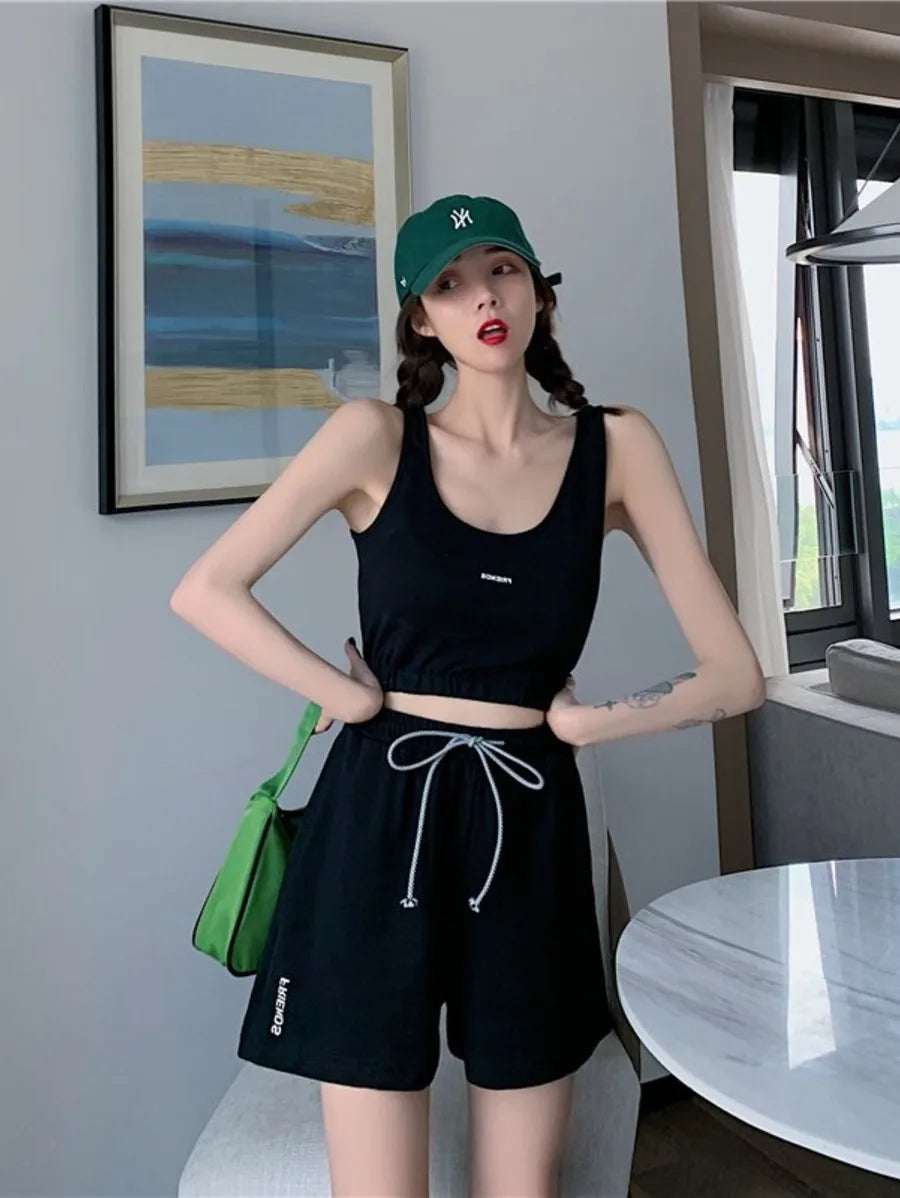 Yedinas Sports Outfits Set Vest Crop Tops And Biker Shorts- Black Periwinkley Shop