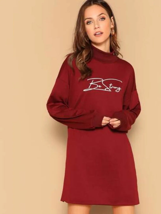 letter print high neck raw hem longline pullover Periwinkley Shop