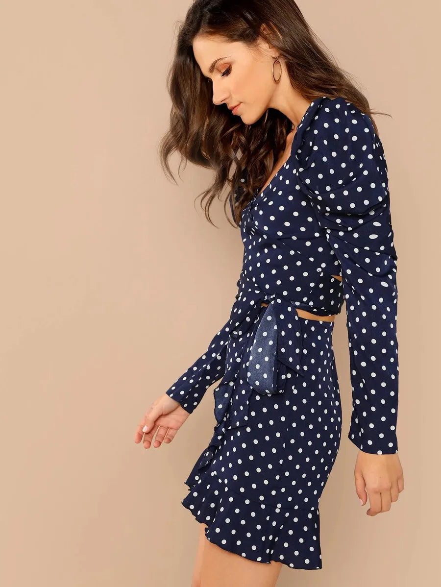 Gathered Sleeve Knot Hem Crop Top and Skirt Set Periwinkley Shop