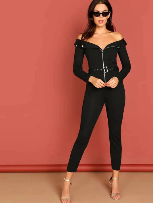 zip detail self belted utility jumpsuit Periwinkley Shop