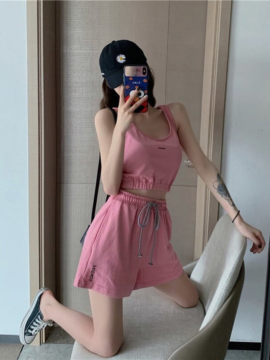 Yedinas Sports Outfits Set Vest Crop Tops And Biker Shorts- Pink Periwinkley Shop