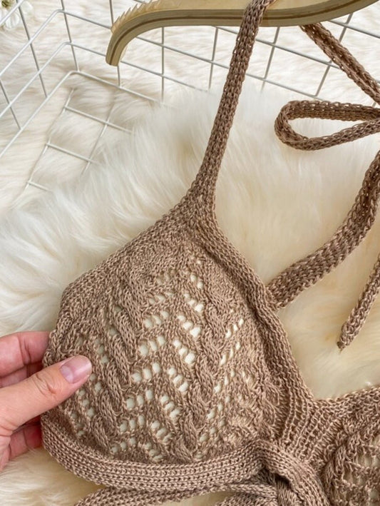 Beach hollow knit halterneck tube top top and high waist casual pants Periwinkley Shop