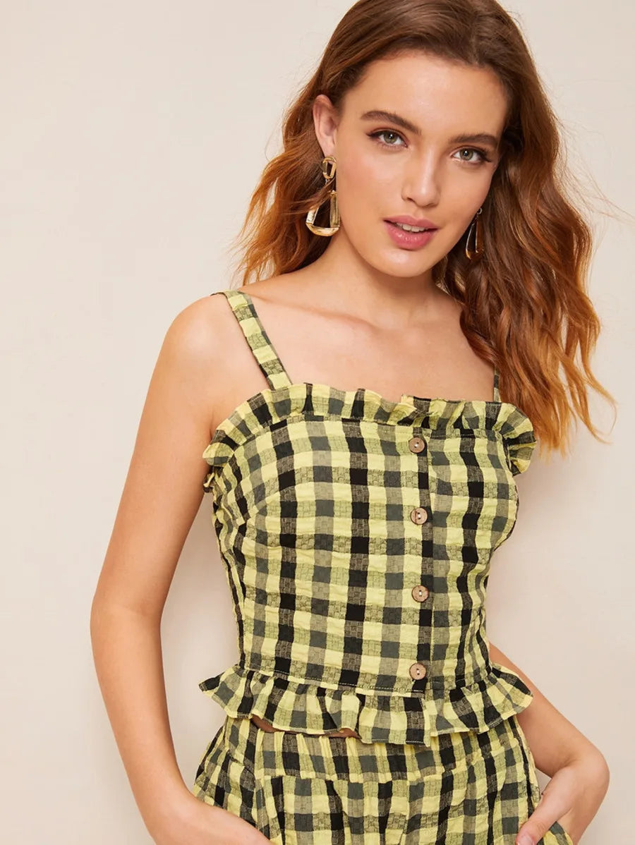 Frilled Button Front Top and Wide Leg Pants Set Periwinkley Shop