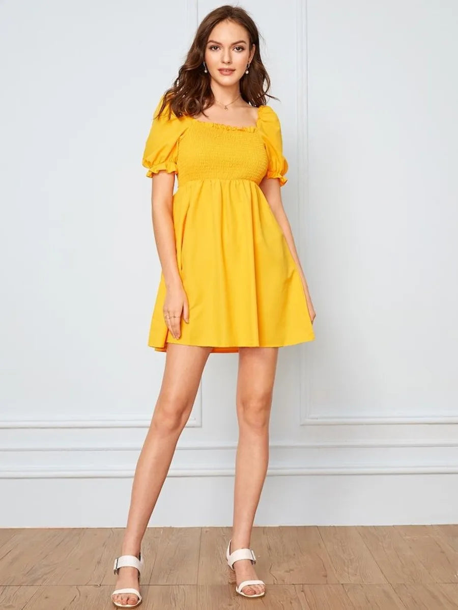 solid frill trim shirred dress Periwinkley Shop