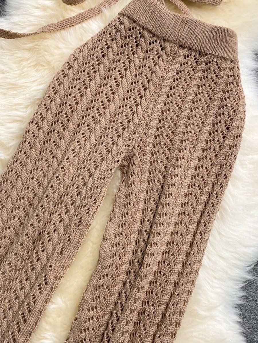 Beach hollow knit halterneck tube top top and high waist casual pants Periwinkley Shop